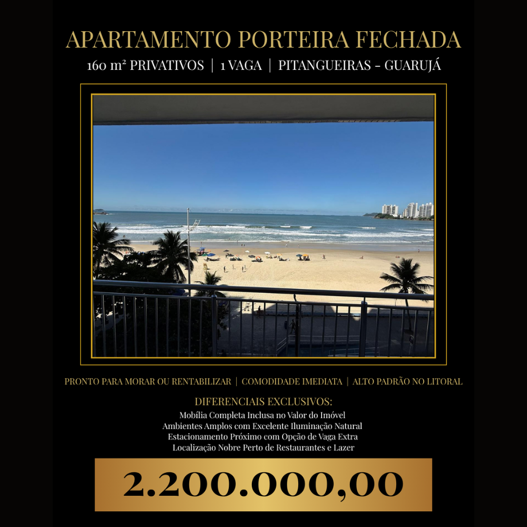 Apartamento em Pitangueiras — Guarujá: 160m², Porteira Fechada e Excelente Localização