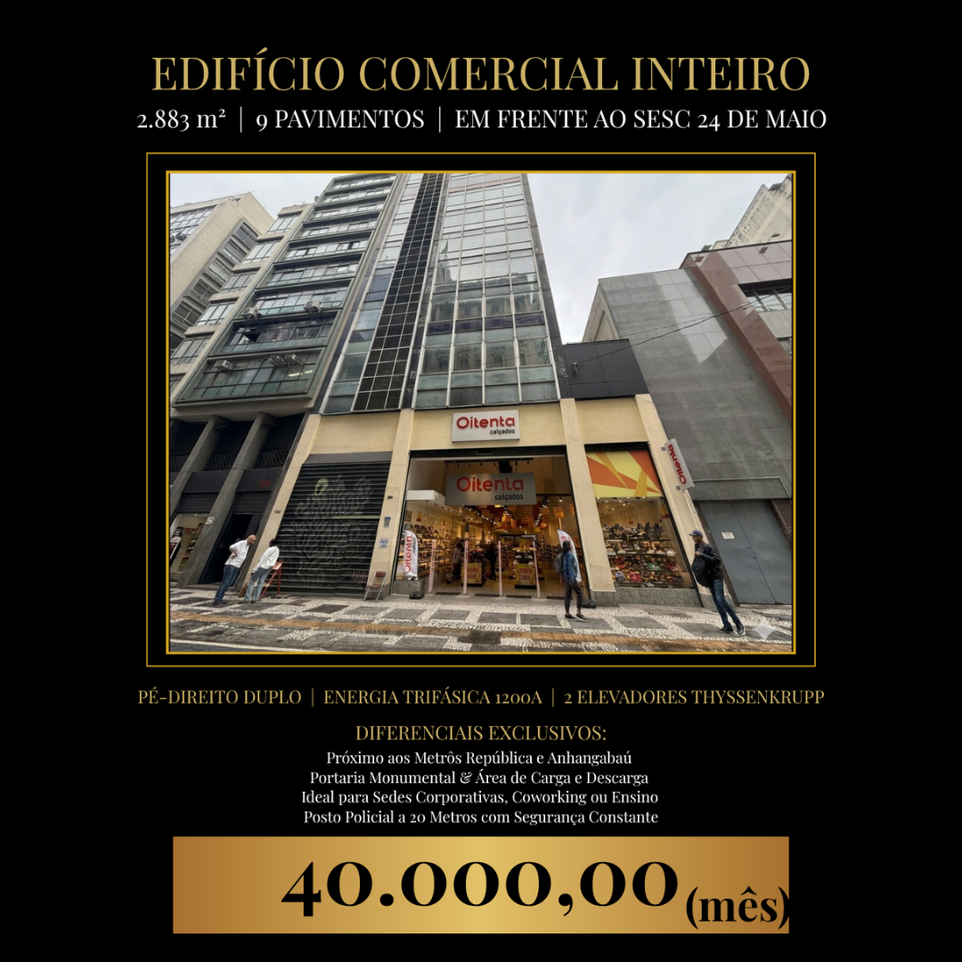 DISPONIVEL PRA LOCAÇÃO Edifício Comercial na República: 2.883m², Estrutura Completa, 2 Elevadores e Localização Estratégica