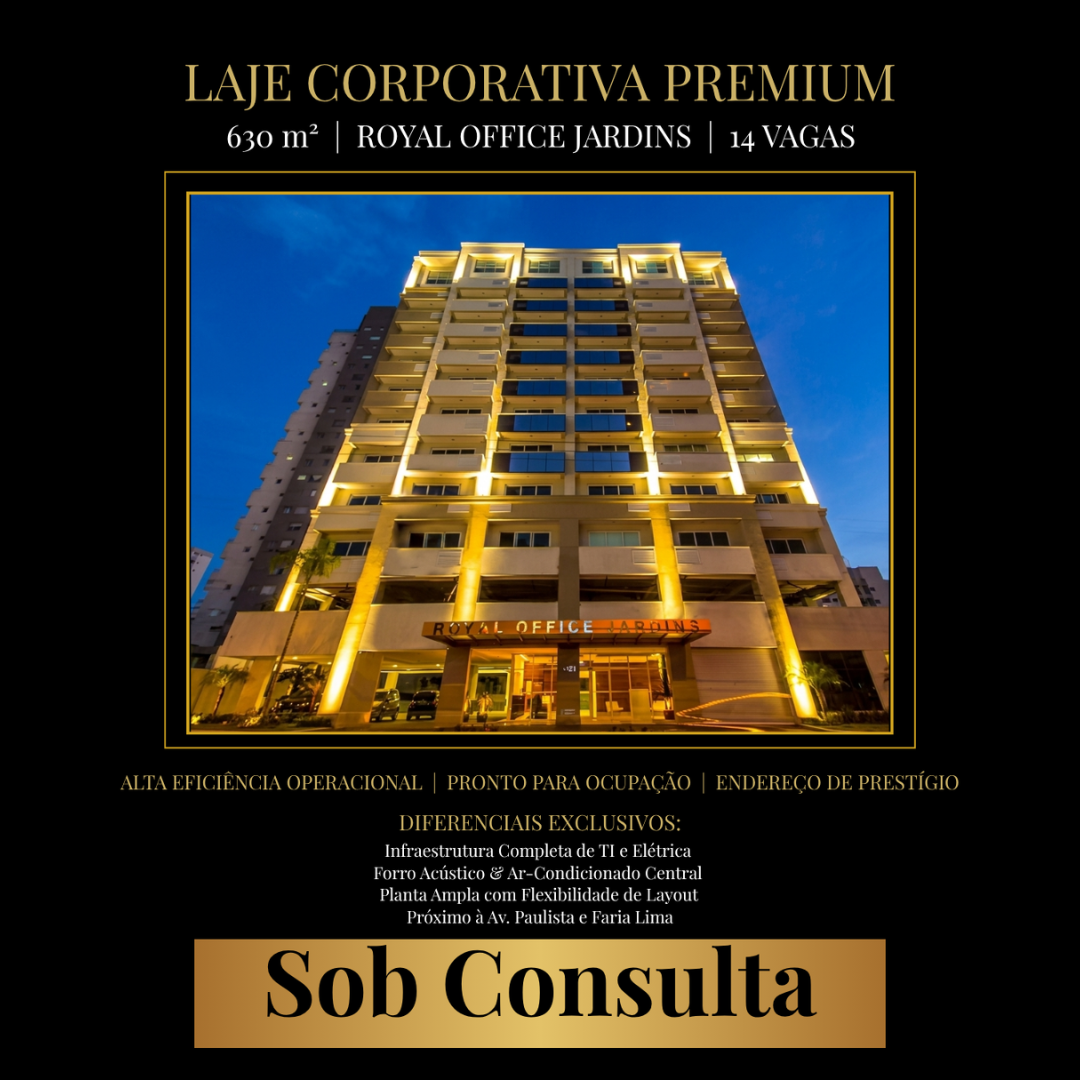 Laje Corporativa no Jardins: 630m², 14 Vagas, Infraestrutura Completa no Royal Office