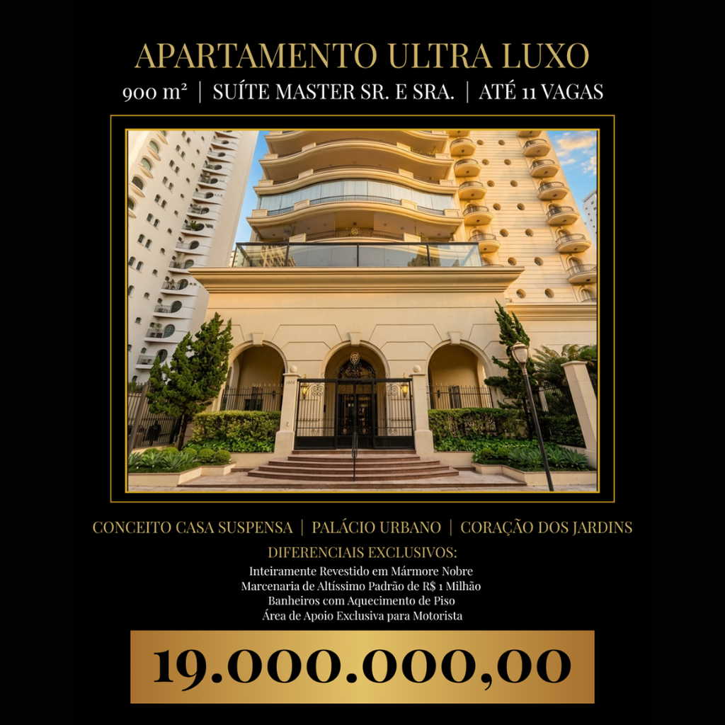 Apartamento Ultra Luxo no Jardins: 900m², 8 Vagas (até 11), Suíte Master com 2 Banheiros e Acabamento em Mármore