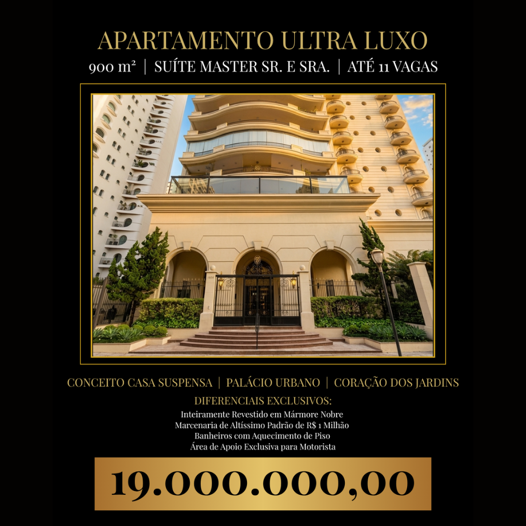 Apartamento Ultra Luxo no Jardins: 900m², 8 Vagas (até 11), Suíte Master com 2 Banheiros e Acabamento em Mármore
